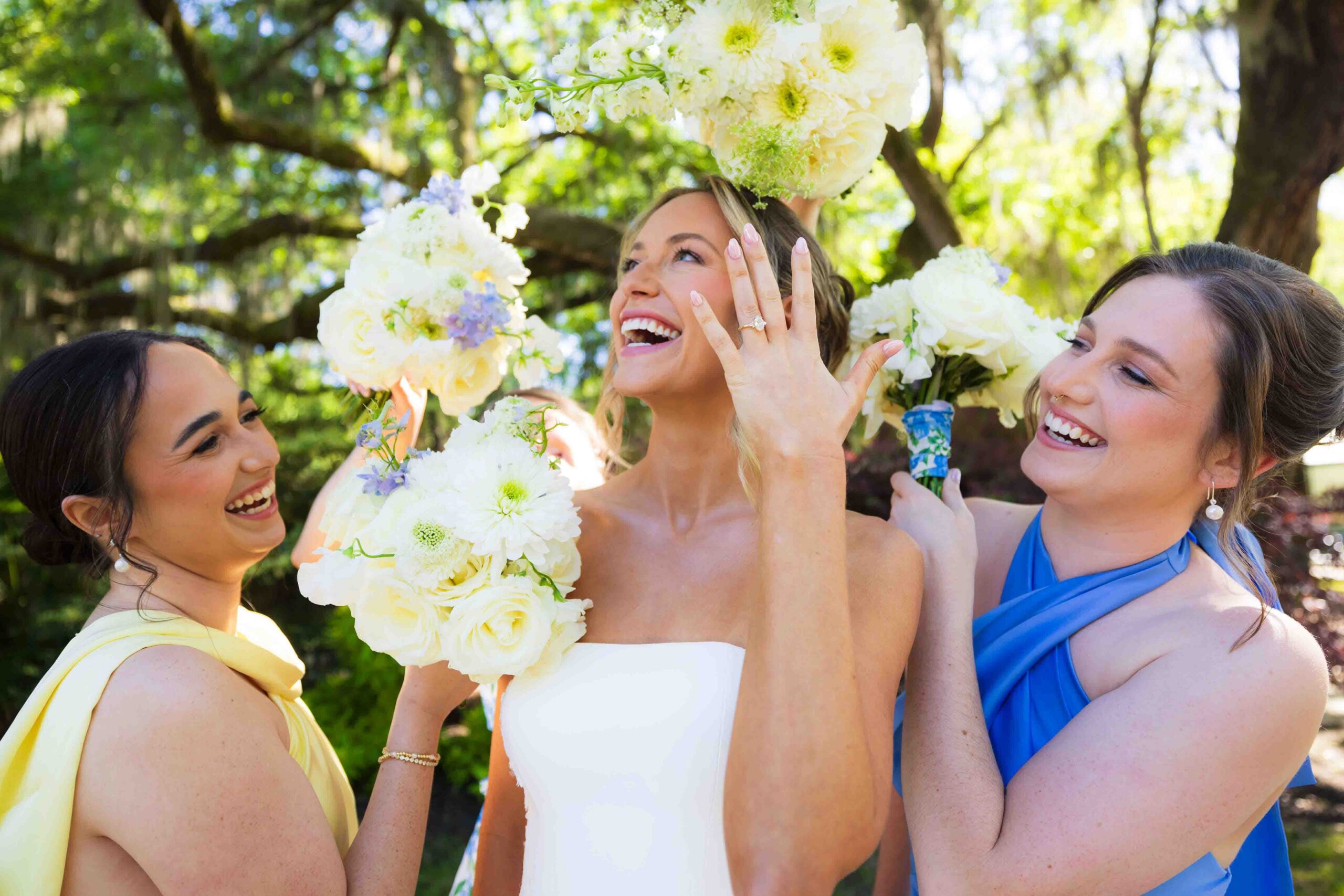 Bridesmaids laughing at Hart Meadows Ranch wedding in Charleston SC
